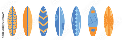 Summer surf board set. Collection board in retro color stile. Vector illustration 