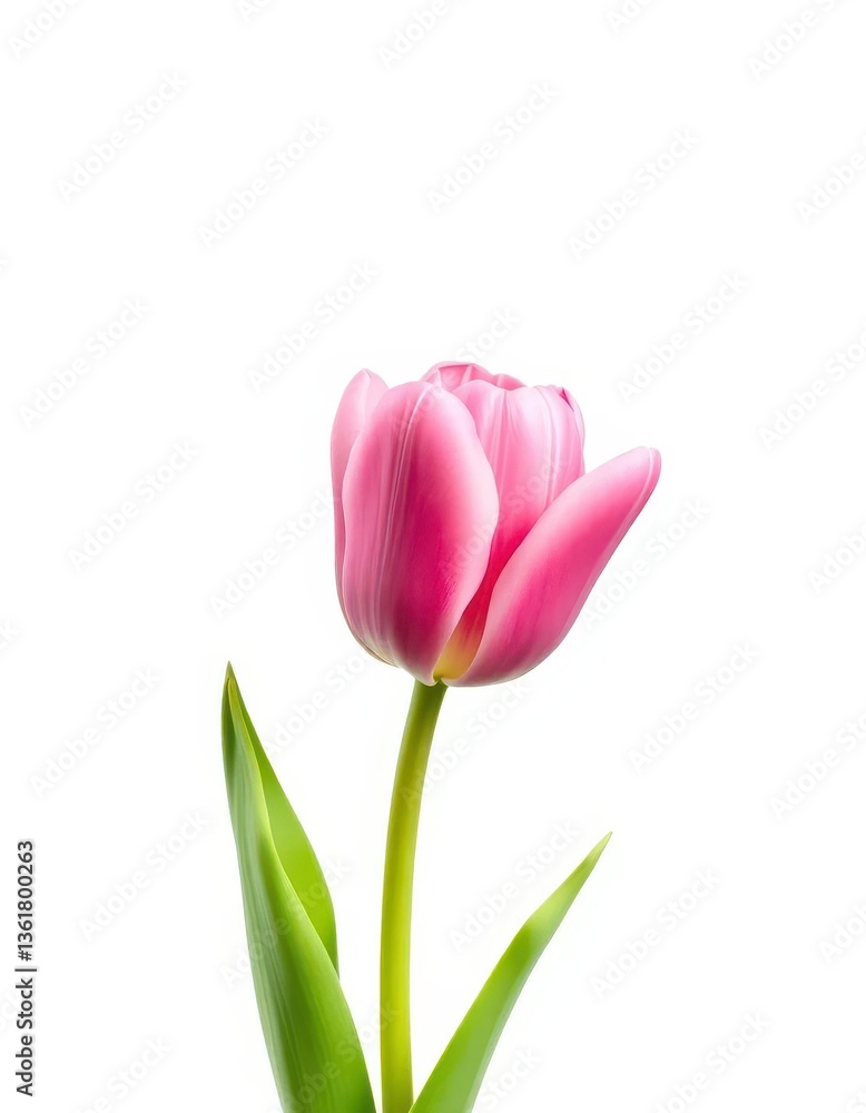 A single, vibrant pink tulip, petals slightly open, isolated against a pure white background, detail, design element, bloom A single, vibrant pink tulip, petals slightly open, isolated against a pure white background, detail, design element, bloom