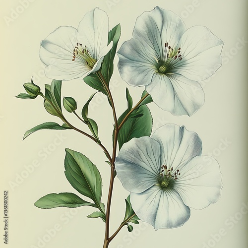 Elegant illustration of several white flowers with green leaves