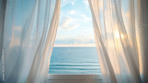 Soft curtains frame a serene ocean view, inviting warm sunlight to fill the room with tranquility and coastal peace.