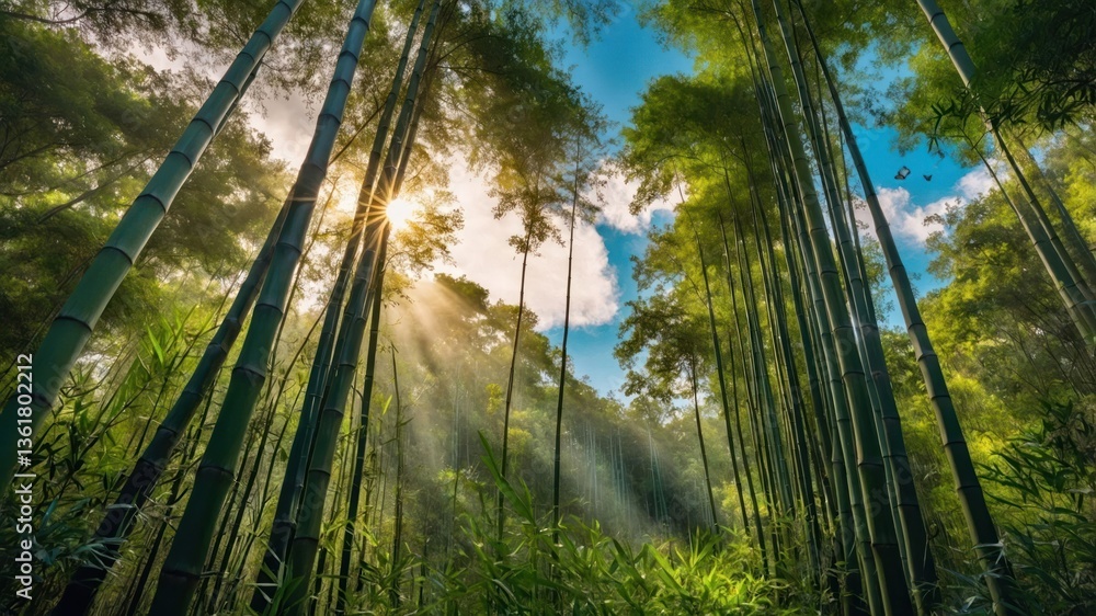 Naklejka premium A serene bamboo forest with sunlight filtering through the trees, creating a tranquil atmosphere.