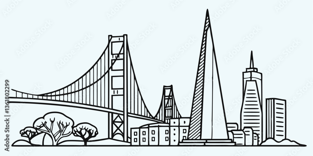 Obraz premium A minimalist one-line drawing of the Indianapolis skyline, featuring the Soldiers and Sailors Monument and Lucas Oil Stadium in a modern, continuous-line style.