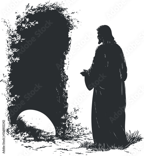 Silhouette of Jesus at the tomb, symbolizing resurrection and hope for Easter themes.