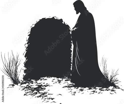 Silhouette of a person mourning at a grave for funeral or memorial themes.