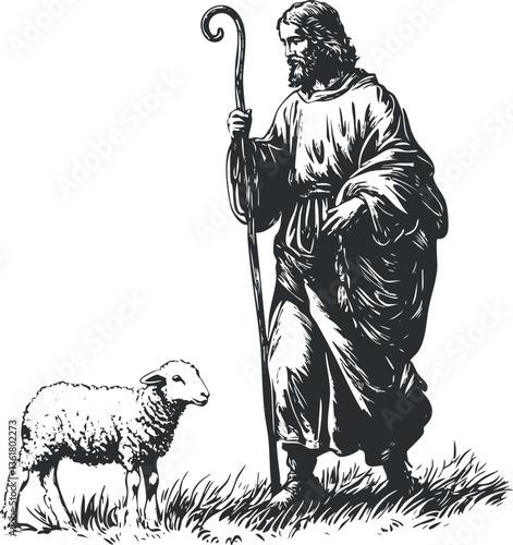 Traditional shepherd with staff and sheep in pastoral black and white illustration.