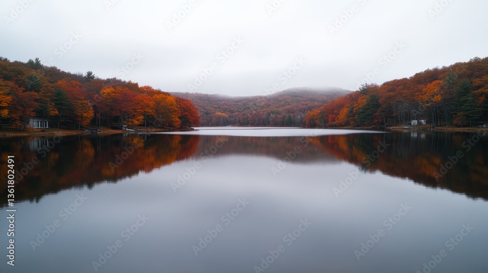 A serene lake reflects vibrant autumn foliage under a misty sky, showcasing nature's vibrant palette and tranquil beauty. A serene lake reflects vibrant autumn foliage under a misty sky, showcasing nature's vibrant palette and tranquil beauty.