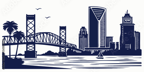 Jacksonville vector silhouette skyline capturing the city’s waterfront skyline, iconic bridges, and urban landmarks.