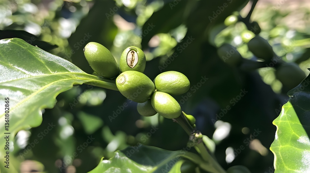 Obraz premium Closeup of Green Coffee Beans on Branch