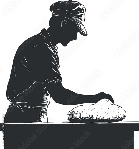 Silhouette of a baker kneading dough, ideal for culinary-themed designs.