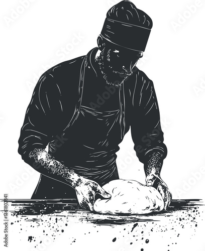 Black and white illustration of a baker kneading dough, perfect for culinary themes.