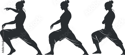 Silhouettes of a woman practicing martial arts poses, ideal for fitness and training themes.