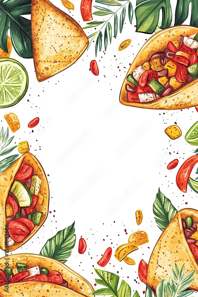 Fototapeta premium Watercolor frame with colorful tacos, vegetables, lime and leaves on white background with copy space in center
