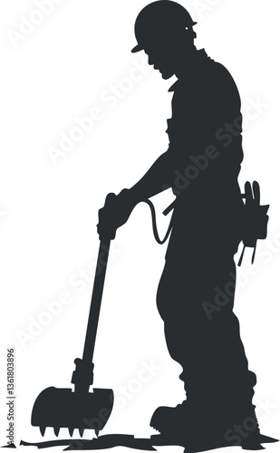Silhouette of construction worker using jackhammer for industrial projects and repairs.