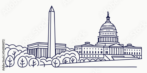  A minimalist one-line drawing of the Washington D.C. skyline, elegantly depicting the U.S. Capitol and Washington Monument in a continuous-line style.