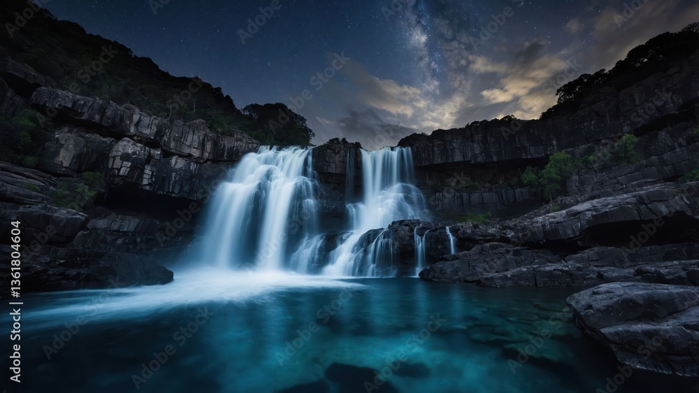 Fototapeta premium A serene waterfall cascading into a tranquil pool under a starry night sky.