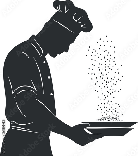 Silhouette of a chef sprinkling seasoning onto a dish for culinary design.