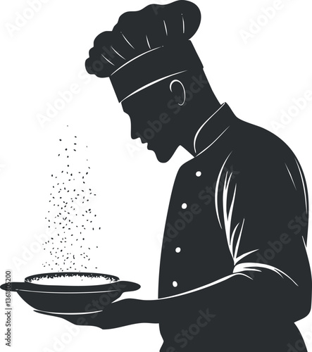 Chef silhouette sprinkling seasoning on dish, perfect for culinary themes and restaurant design.