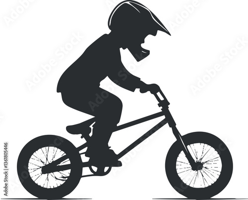 Silhouette of a child riding a BMX bike with helmet for sports design.
