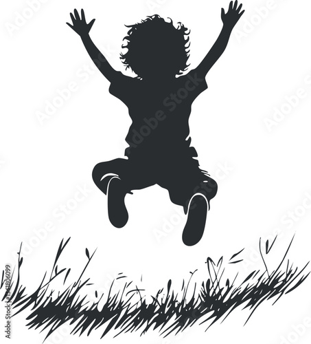 Silhouette of a child jumping joyfully in grass, ideal for playful outdoor themes.