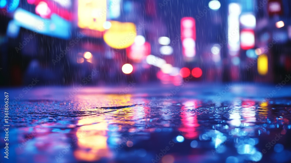 Fototapeta premium City lights blur into a colorful spectrum reflecting on wet pavements, capturing the vibrant energy of urban nightlife in a kaleidoscope of colors.