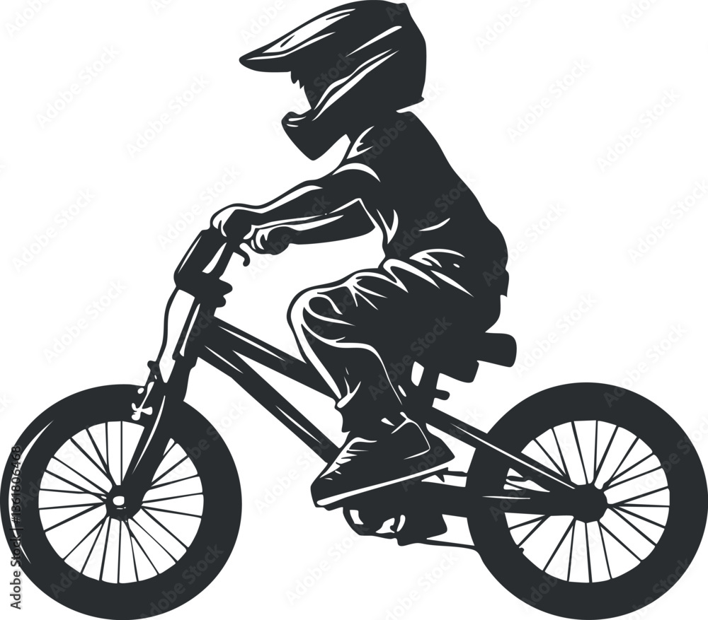 Naklejka premium Silhouette of a child biking with a helmet, ideal for cycling and safety themes.