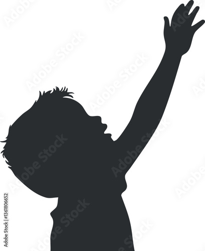 Silhouette of a child reaching up with both hands, ideal for conceptual designs.