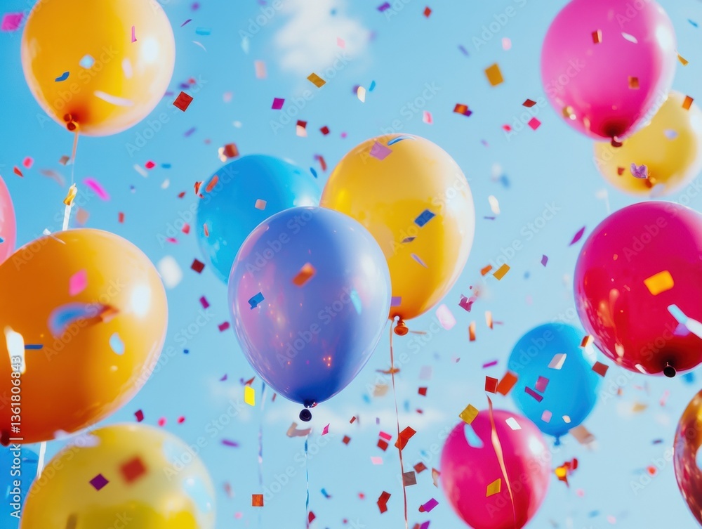 Fototapeta premium Colorful balloons and confetti fill the blue sky during celebration