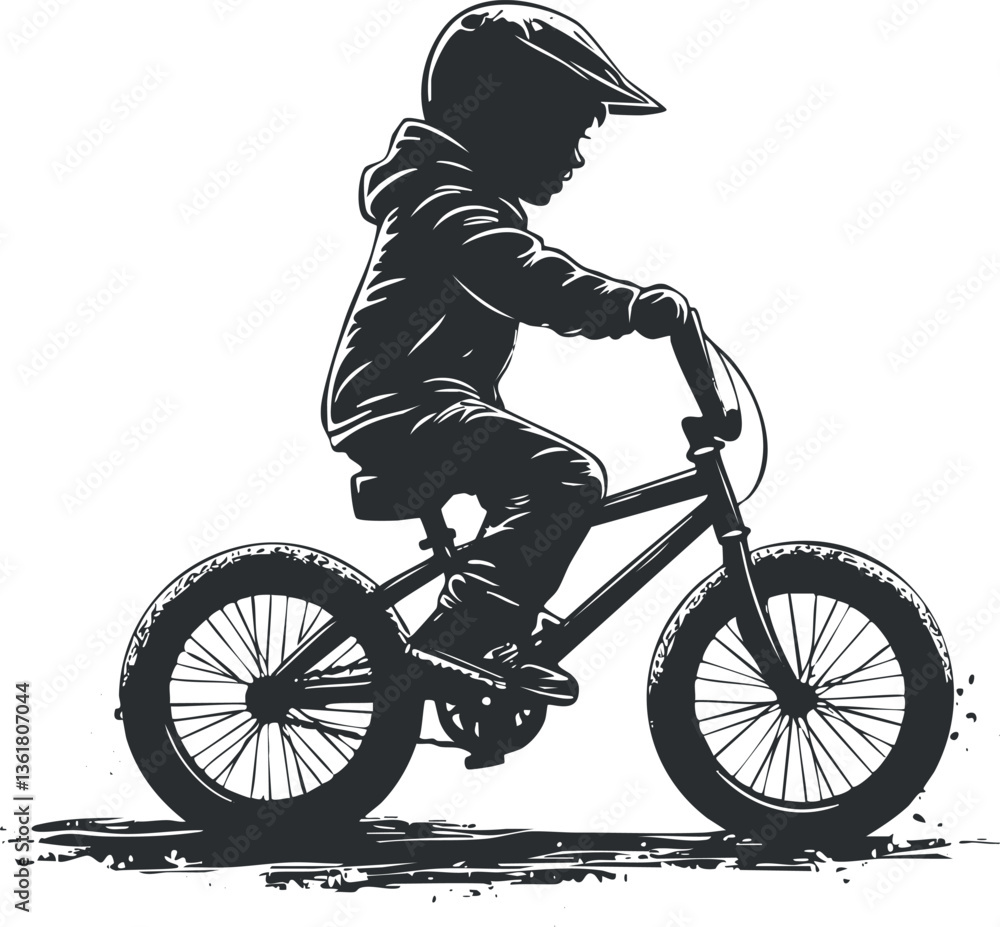Naklejka premium Silhouette of a child riding a bicycle, perfect for outdoor activity designs.