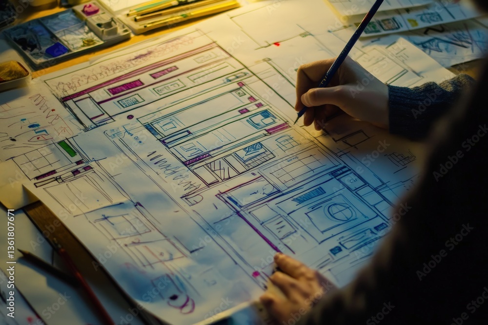 A person is at a table with papers and pens for work or study A person is at a table with papers and pens for work or study