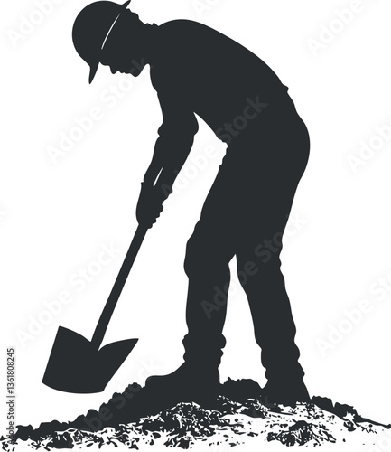Silhouette of a construction worker digging with a shovel, ideal for labor-themed designs.