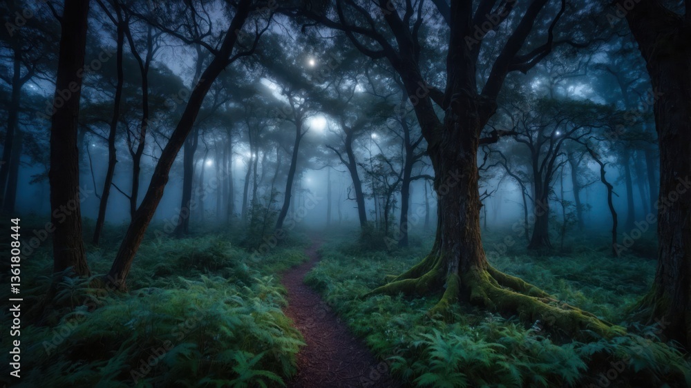 Obraz premium A misty forest path surrounded by tall trees and lush greenery, creating an atmospheric and serene scene.