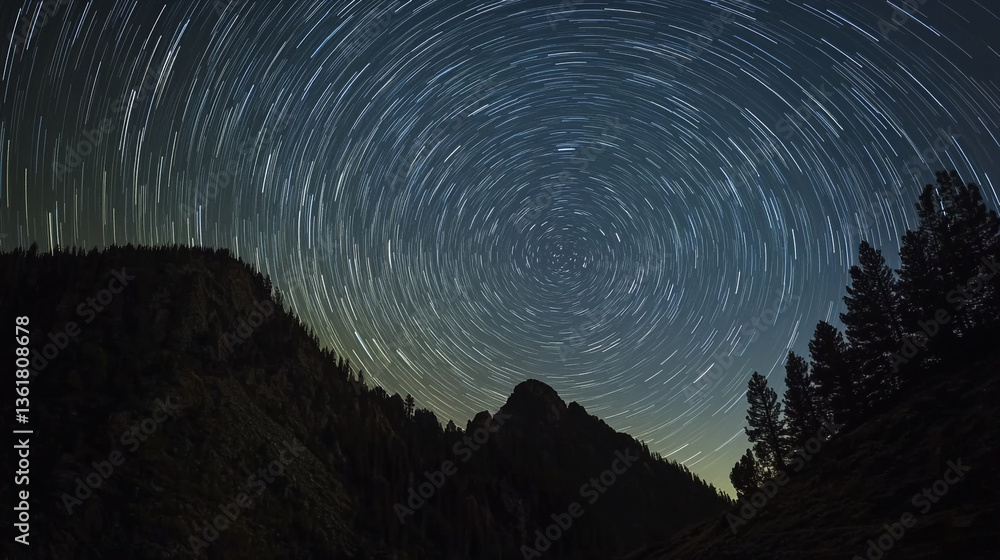 Fototapeta premium Star trails over a dark mountain landscape with trees under a swirling night sky long exposure