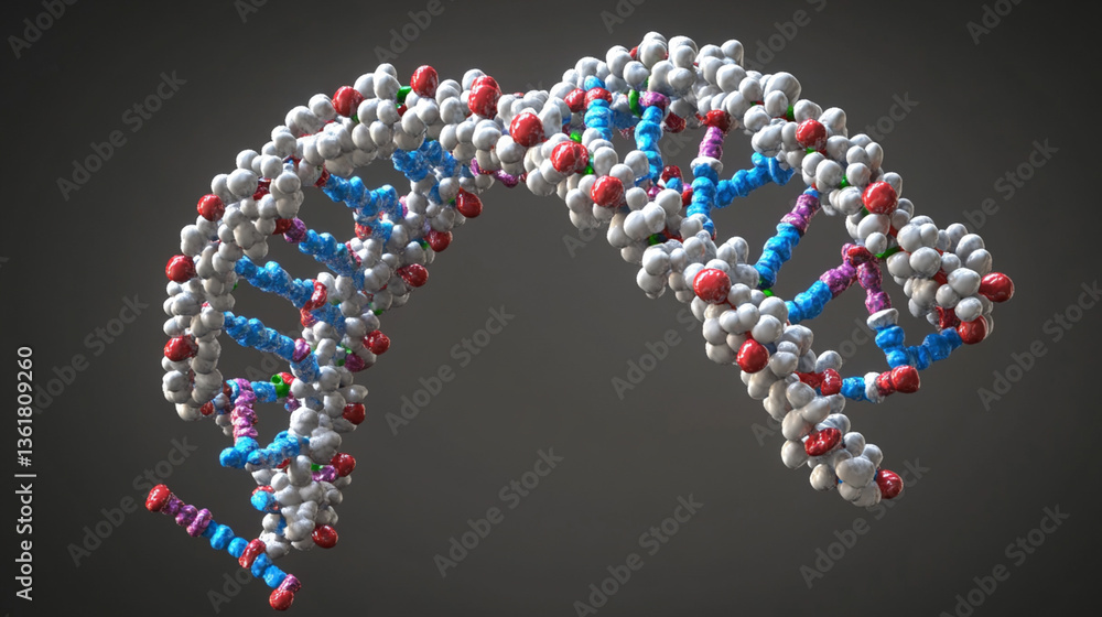 A 3D representation of a DNA molecule, showcasing its helical structure with colored atoms representing different elements. A 3D representation of a DNA molecule, showcasing its helical structure with colored atoms representing different elements.