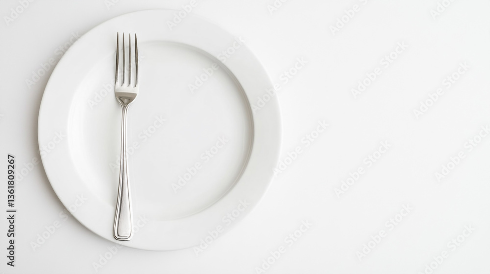 A simple composition of a fork placed on a white plate against a clean white background space view A simple composition of a fork placed on a white plate against a clean white background space view