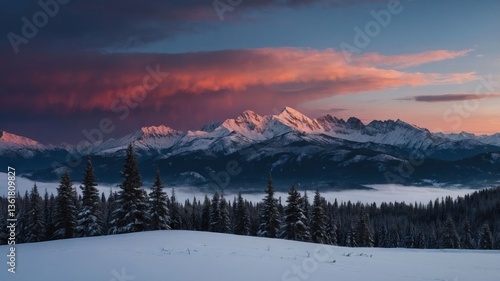 A breathtaking winter landscape featuring snow-covered mountains and a colorful sunset sky.