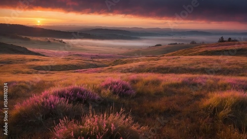 A serene landscape at sunrise, featuring rolling hills adorned with vibrant pink flowers and misty valleys.