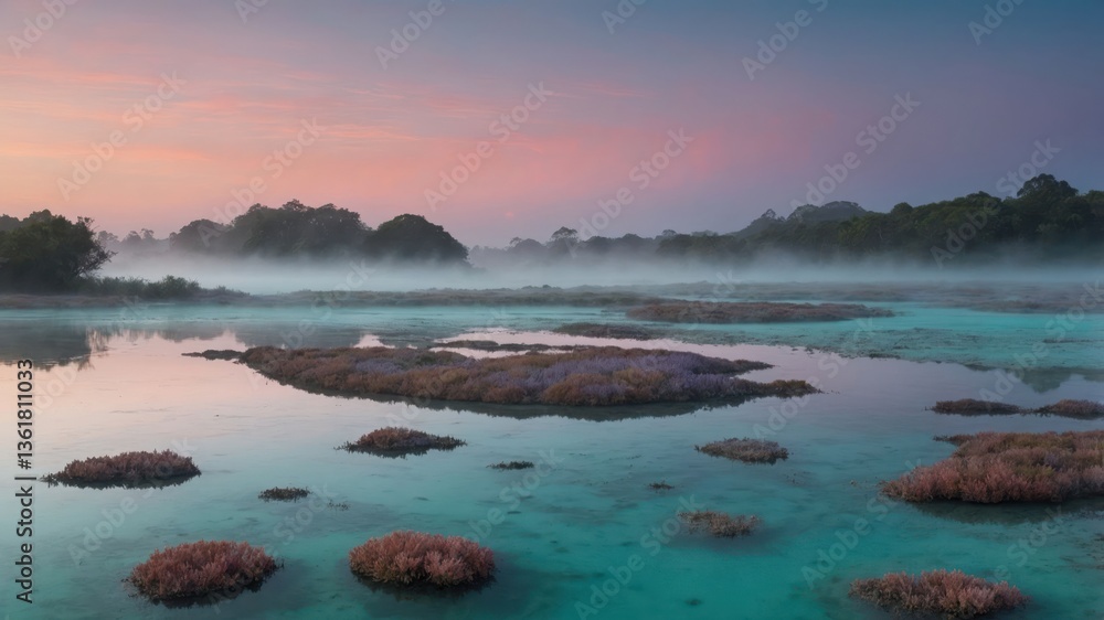 Fototapeta premium Serene landscape at dawn with mist over water and vibrant vegetation.