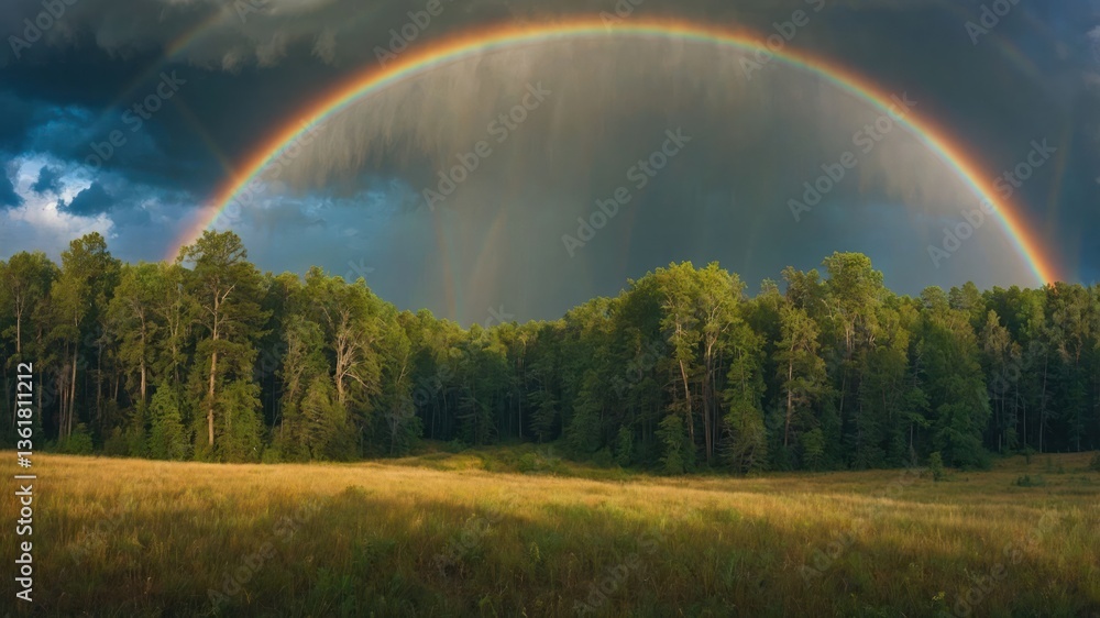 Naklejka premium A vibrant rainbow arches over a lush green forest under dramatic stormy skies.