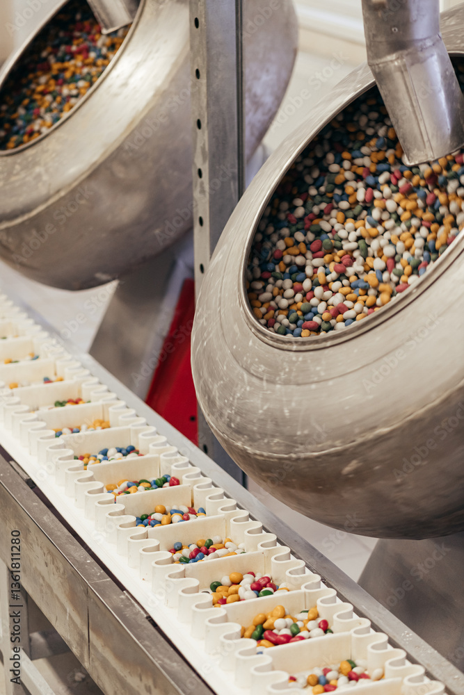 Multi-colored sugar candies spin in a drum at a confectionery industrial candy production facility