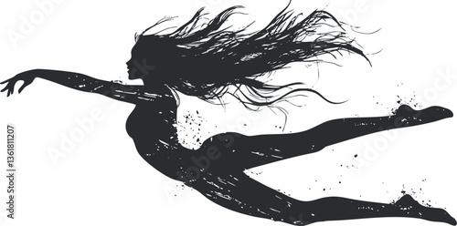 Elegant silhouette of a dancer leaping gracefully with artistic ink splashes.
