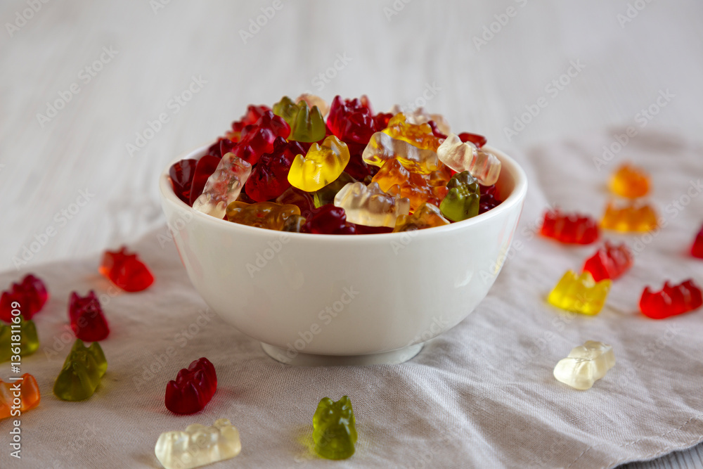 Colorful Gummy Bears in a Bowl, low angle view. Colorful Gummy Bears in a Bowl, low angle view.