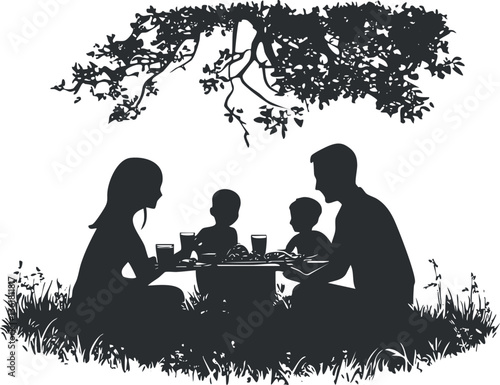 Silhouette of a family having a picnic under a tree, ideal for outdoor-themed designs.