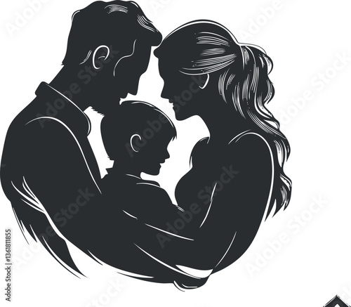 Silhouette of a loving family embracing, ideal for parenting themes and emotional designs.