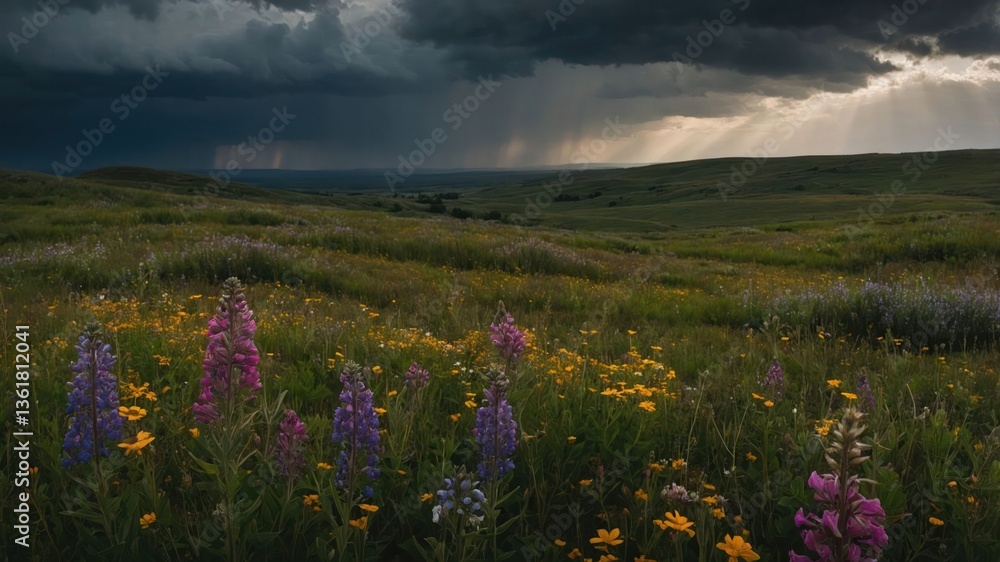 Fototapeta premium A vibrant landscape with colorful wildflowers under a dramatic stormy sky.