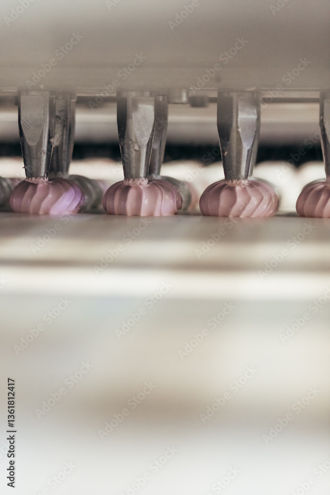 Confectionery factory. Zephyr and marshmallows production line machine, close-up