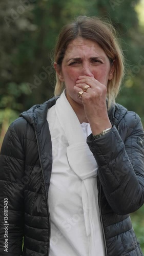 Vertical: A blonde woman suddenly smells something unpleasant and reacts with visible disgust, wrinkling her nose and making a displeased expression.