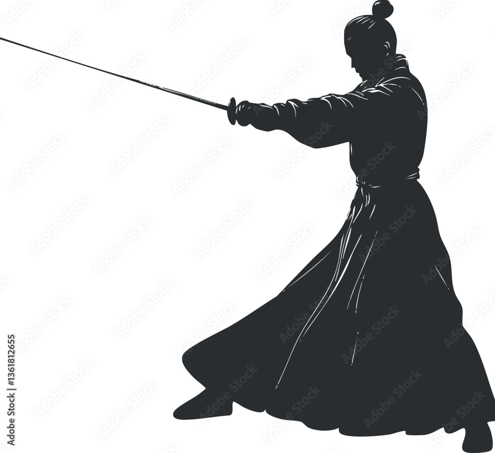 Silhouette of a samurai wielding a sword, ideal for martial arts themes. Silhouette of a samurai wielding a sword, ideal for martial arts themes.