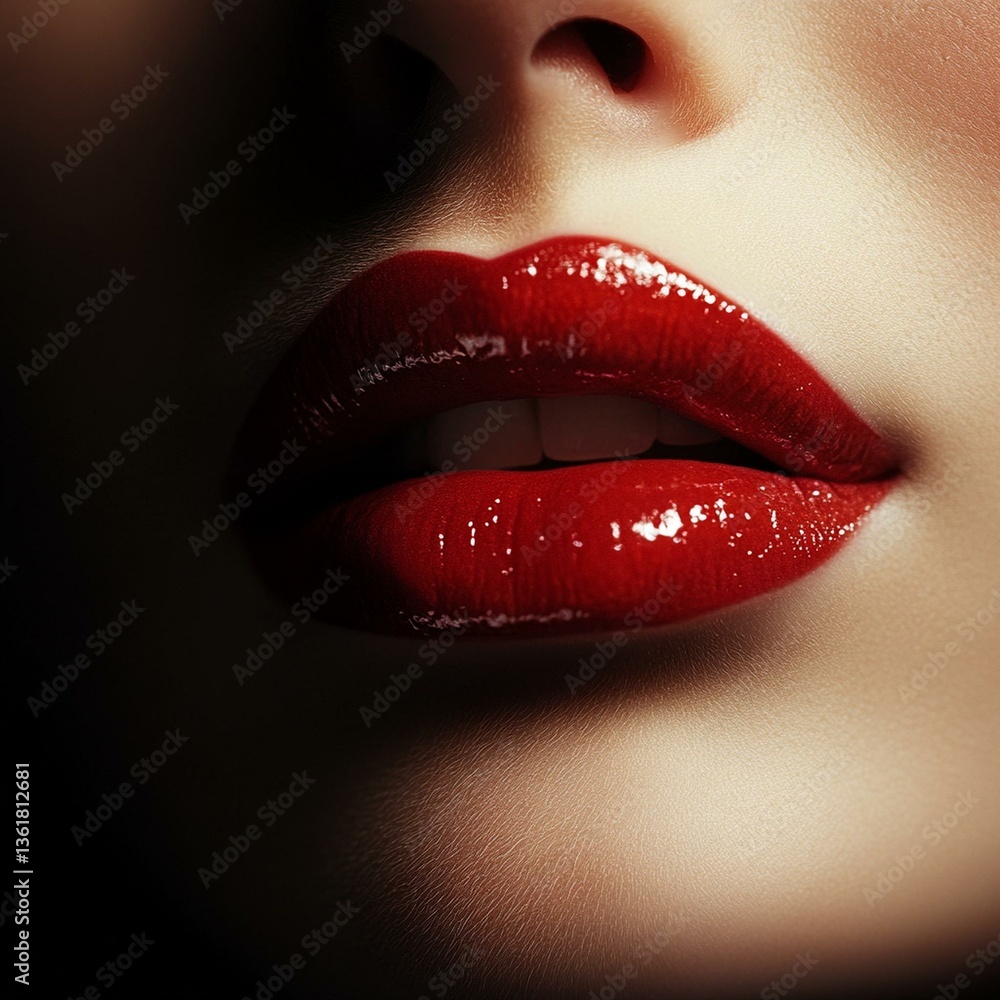 Obraz premium Sensual Glossy Red Lips with Vibrant Crimson Lipstick in Extreme Close-up with Dramatic Shadows and Moody Atmosphere for Fashion Editorial Beauty Photography