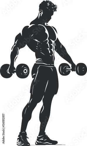 Silhouette of a muscular man lifting dumbbells, ideal for fitness and workout themes.