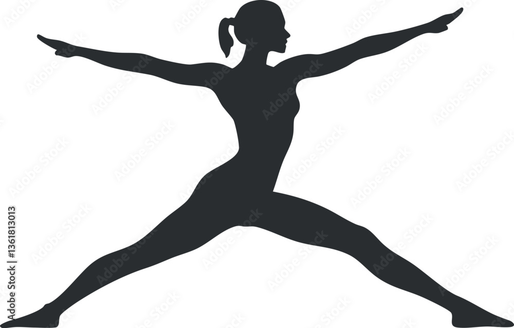 Fototapeta premium Silhouette of a woman in yoga warrior pose for fitness and wellness themes.